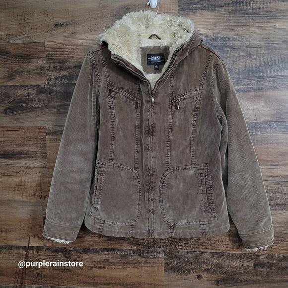 Vtg B Moss Corduroy Zip Barn Coat L Faux Fur Dark Beige Clay Brown Y2K - Picture 1 of 11